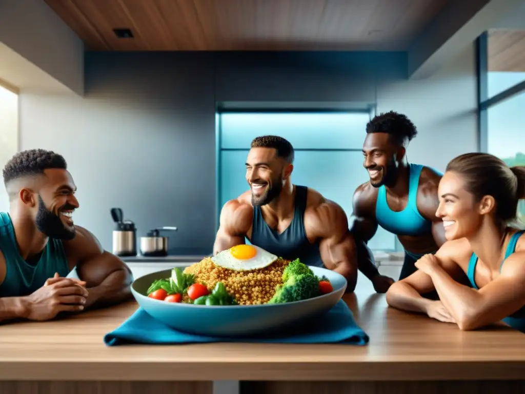 Un grupo diverso de atletas disfrutando de una comida post-entrenamiento en una cocina moderna llena de ingredientes sin gluten