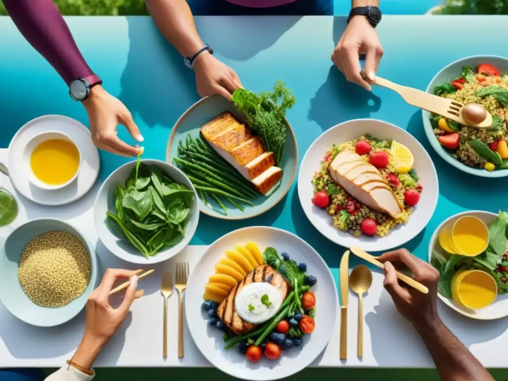 Un grupo diverso de atletas disfruta de una comida sin gluten en un entorno natural