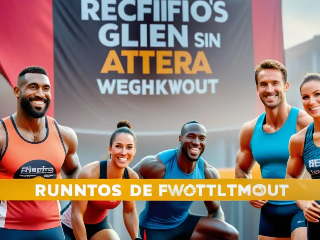 Un grupo diverso de atletas sonriendo, disfrutando una comida sin gluten juntos en un gimnasio vibrante