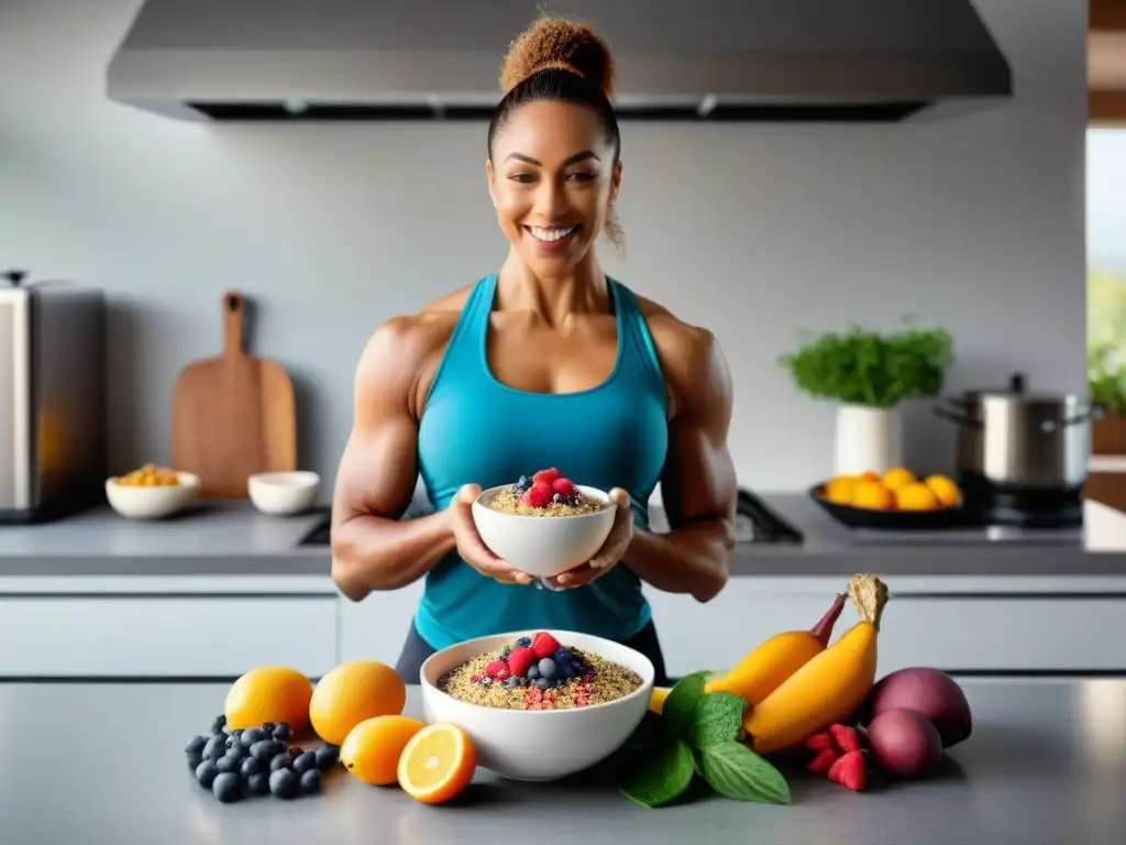 Un grupo diverso de atletas disfrutando de comidas sin gluten para la recuperación muscular en una cocina moderna y luminosa