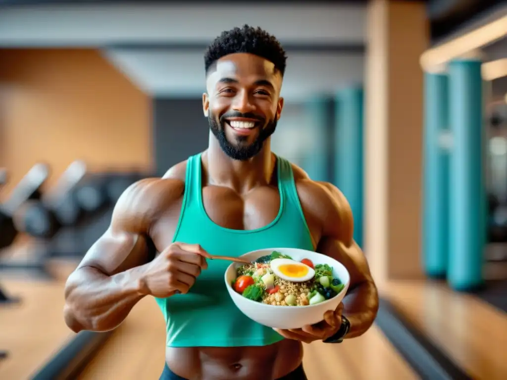 Un grupo diverso de atletas disfruta de sus comidas post-entrenamiento sin gluten en un gimnasio motivador