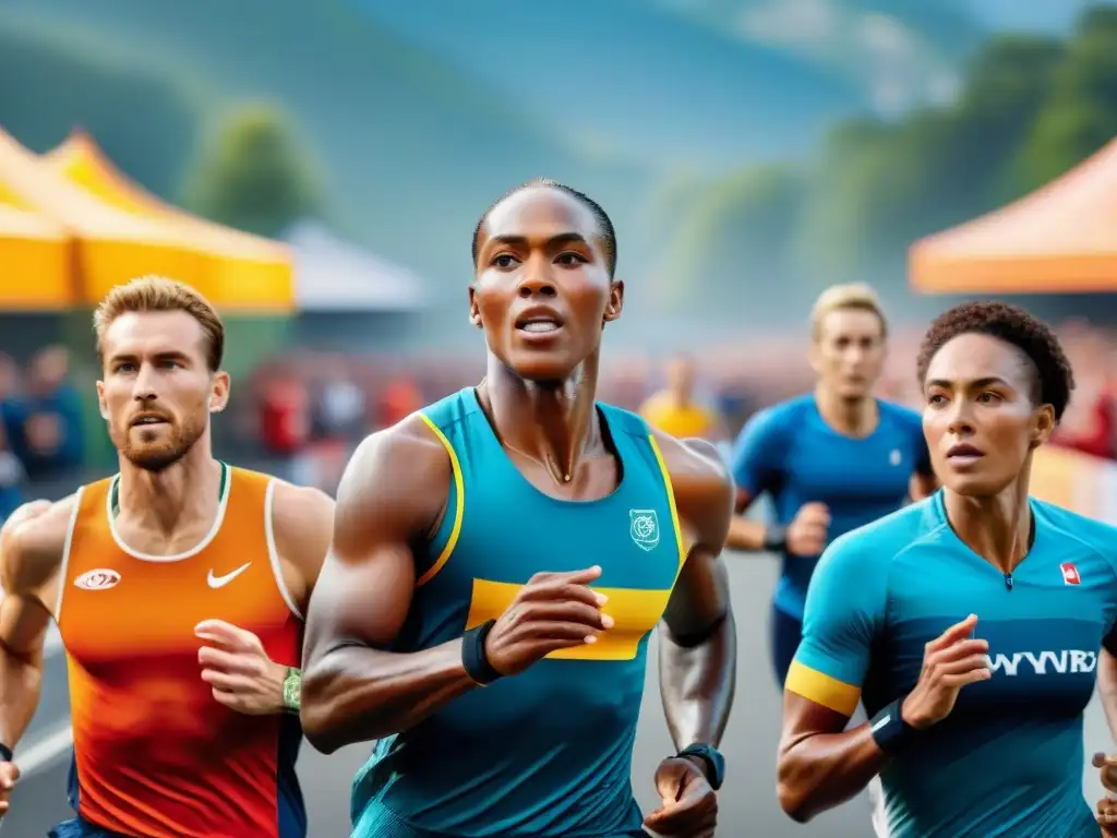Atletas vibrantes disfrutan de comidas sin gluten Un grupo diverso de atletas en acción, con comidas sin gluten vibrantes, en un escenario deportivo al aire libre