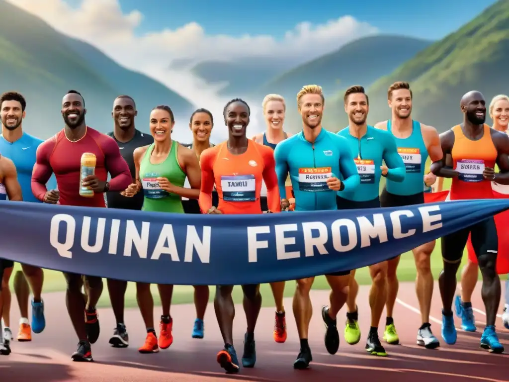 Atletas de élite: preparación con dieta sin gluten para competir Un grupo diverso de atletas se prepara para una competencia, mostrando determinación y enfoque, con una dieta sin gluten