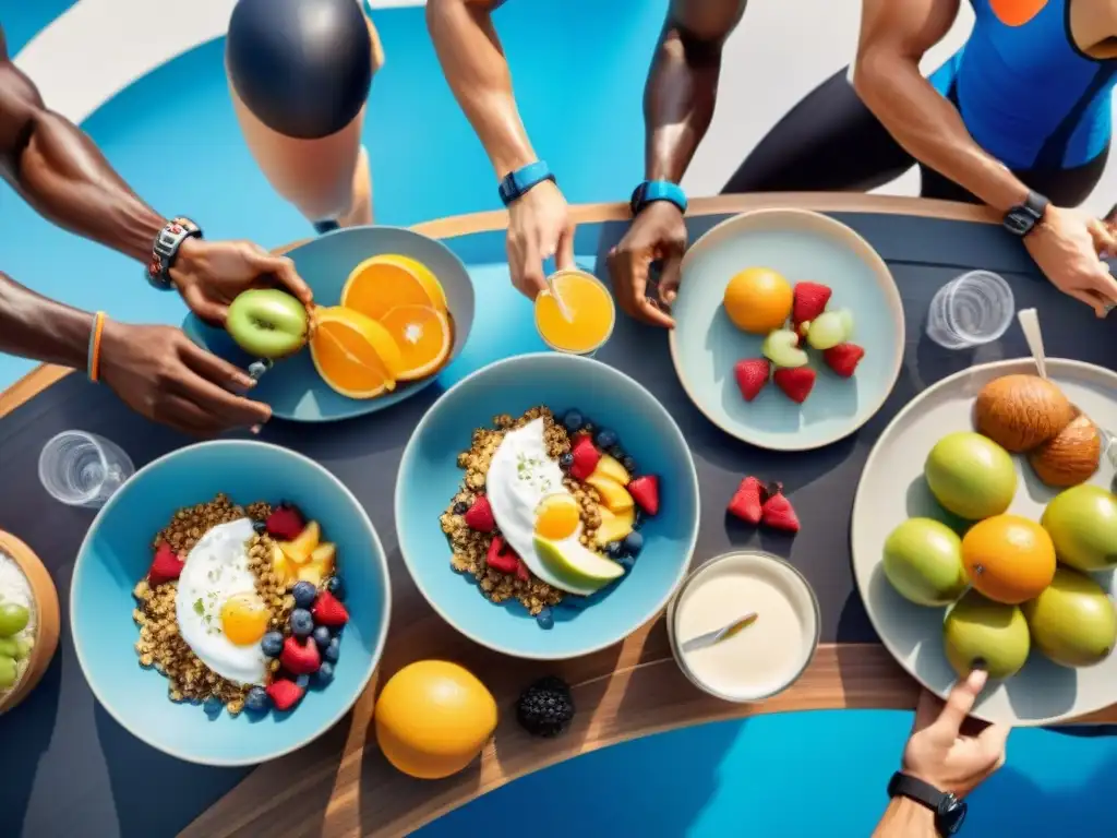 Un grupo diverso de atletas disfruta de un desayuno sin gluten, resaltando la importancia de la nutrición en el rendimiento deportivo