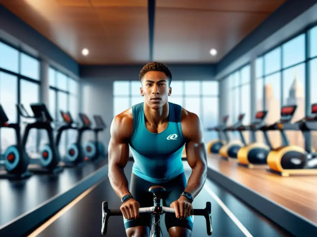 Grupo diverso de atletas de élite entrenando juntos en un gimnasio de última generación, rodeados de equipamiento deportivo avanzado y suplementos nutricionales, con la ciudad de fondo