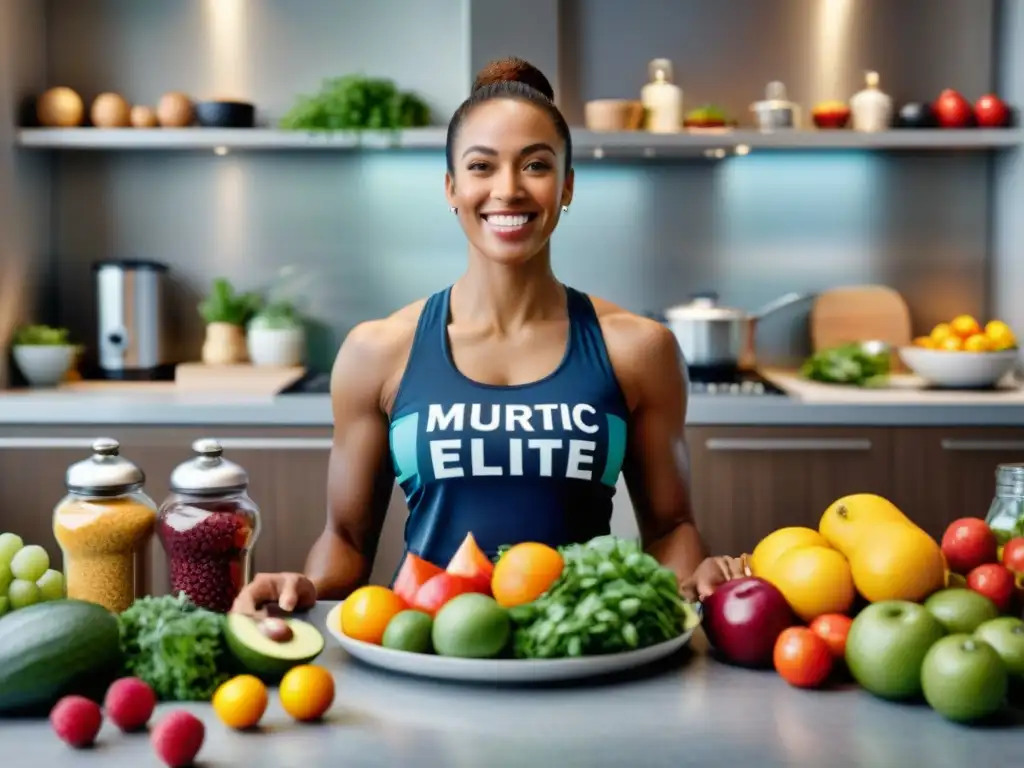 Un grupo diverso de atletas de élite disfruta de una comida sin gluten en una cocina moderna y luminosa, rodeados de alimentos saludables y coloridos