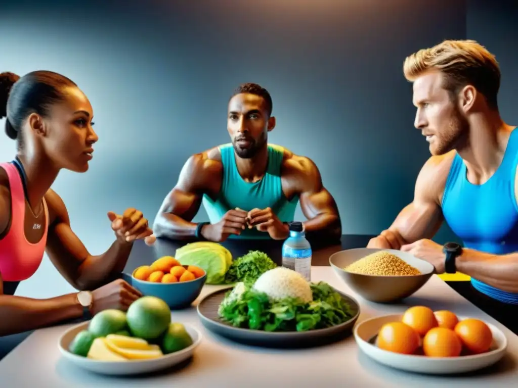Atletas de élite comparten secretos de dieta sin gluten Un grupo diverso de atletas elite comparten una comida sin gluten, mostrando su enfoque científico en la dieta para deportistas