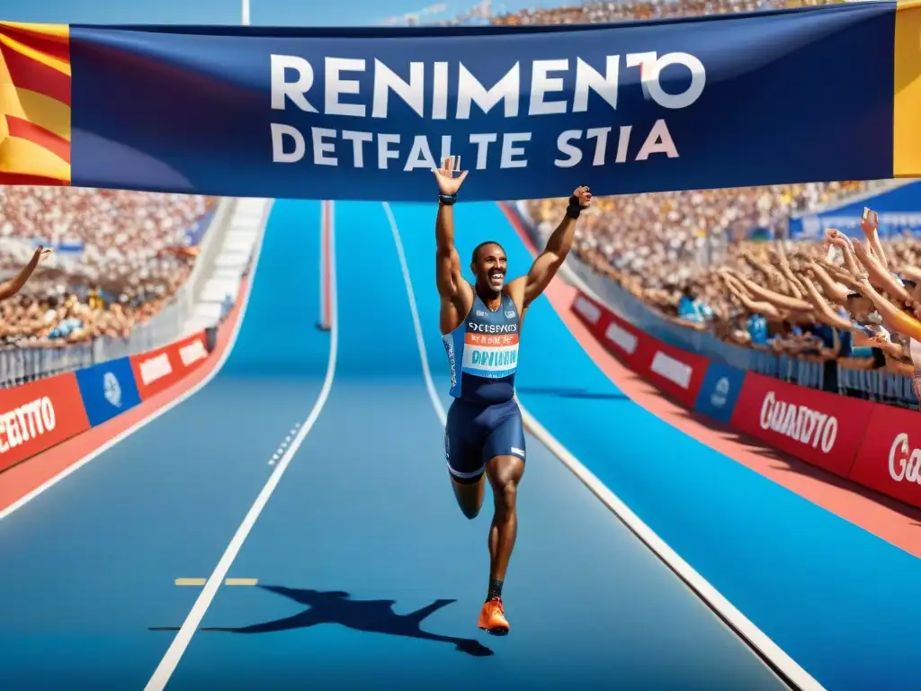 Un grupo diverso de atletas de élite cruza victorioso la meta juntos en un estadio vibrante, con un banner que dice 'Rendimiento Deportivo sin Gluten'