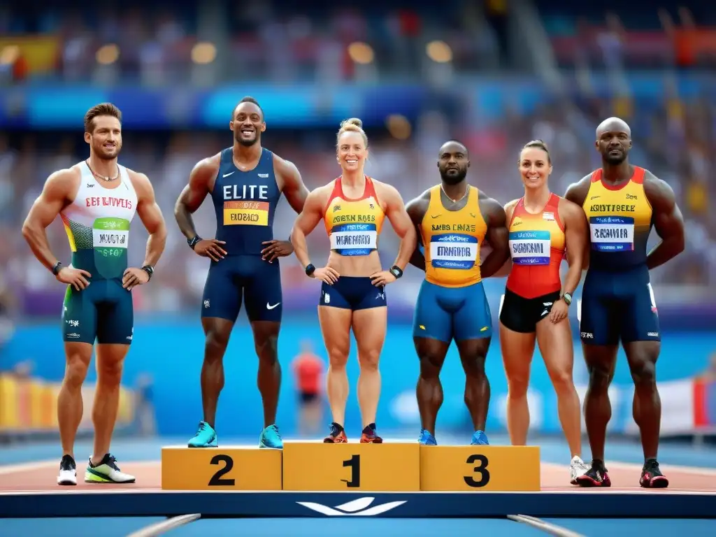 Un grupo diverso de atletas de élite en podios con medallas de oro, en un estadio vibrante