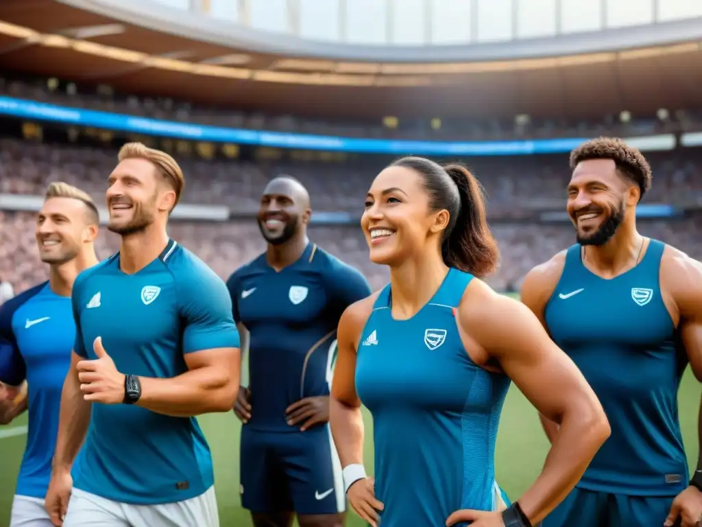 Un grupo diverso de atletas celebra con entusiasmo en un estadio, transmitiendo trabajo en equipo y victoria