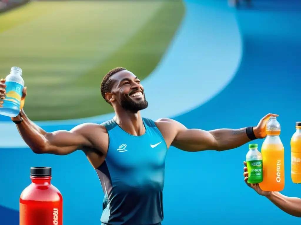 Un grupo diverso de atletas felices disfrutando de bebidas deportivas sin gluten innovadoras después de entrenar