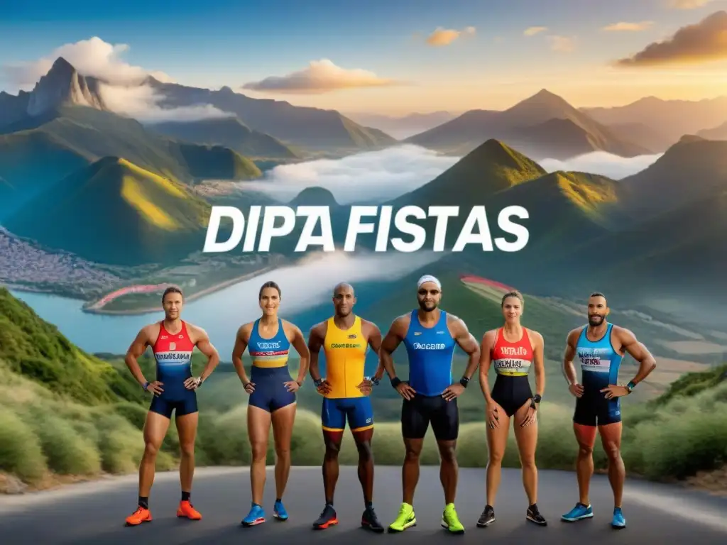 Un grupo diverso de atletas en acción con la frase 'Dieta sin gluten para deportistas' en sus camisetas, en un escenario de montañas al atardecer