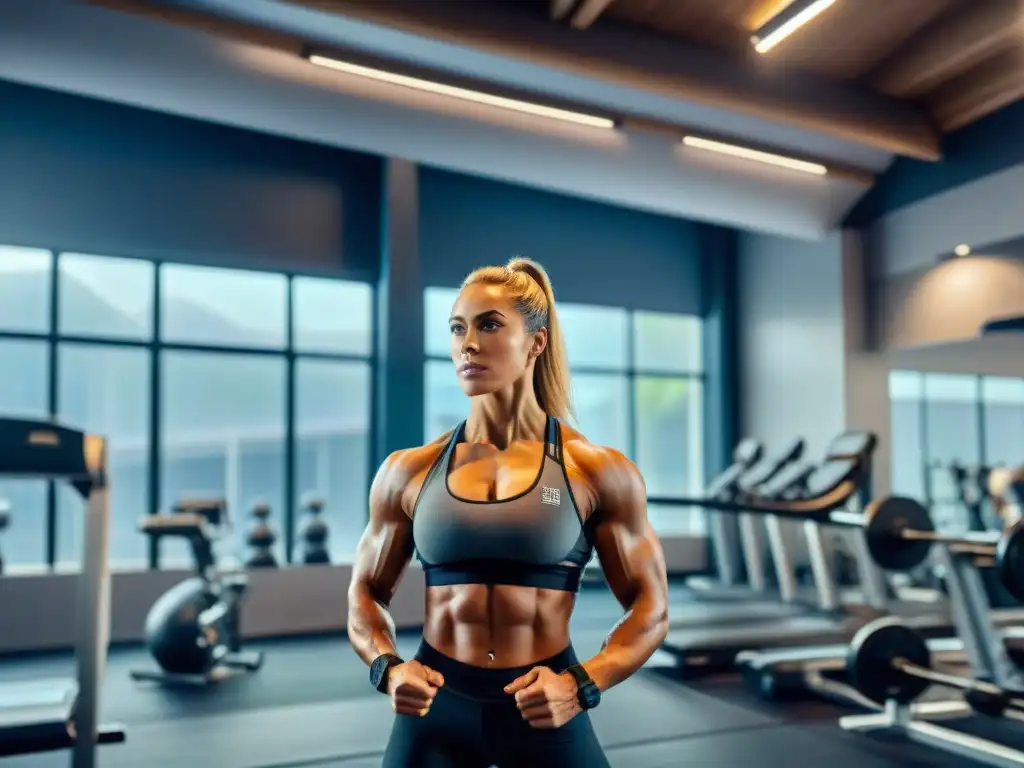 Un grupo diverso de atletas se entrena en un gimnasio moderno con suplementos para ganar masa muscular sin gluten, irradiando determinación y enfoque