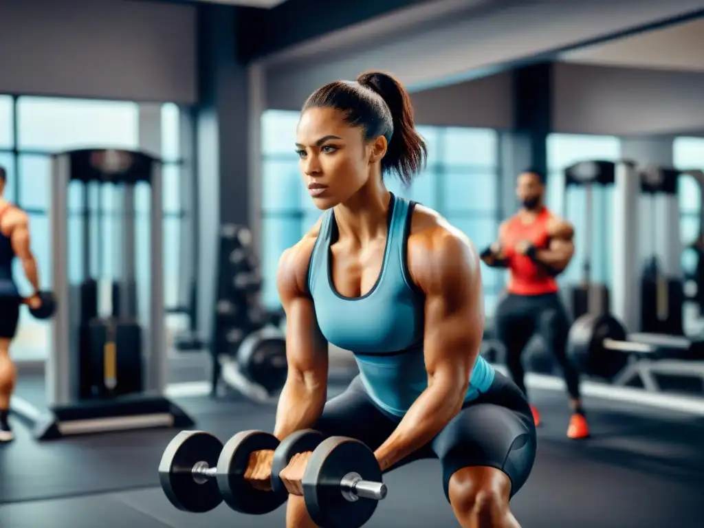 Un grupo diverso de atletas se entrena con pasión en un gimnasio moderno, mostrando sus músculos y determinación