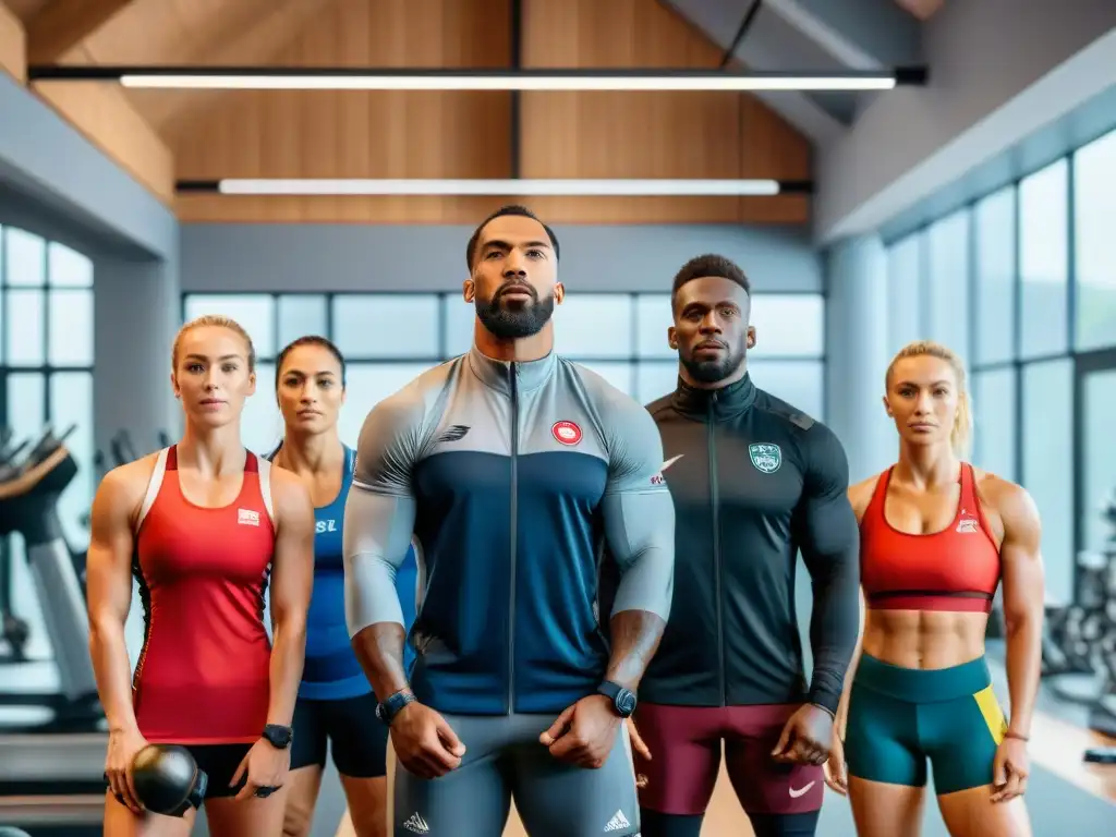 Un grupo diverso de atletas con determinación en un gimnasio moderno, destacando la importancia de minerales para atletas sin gluten