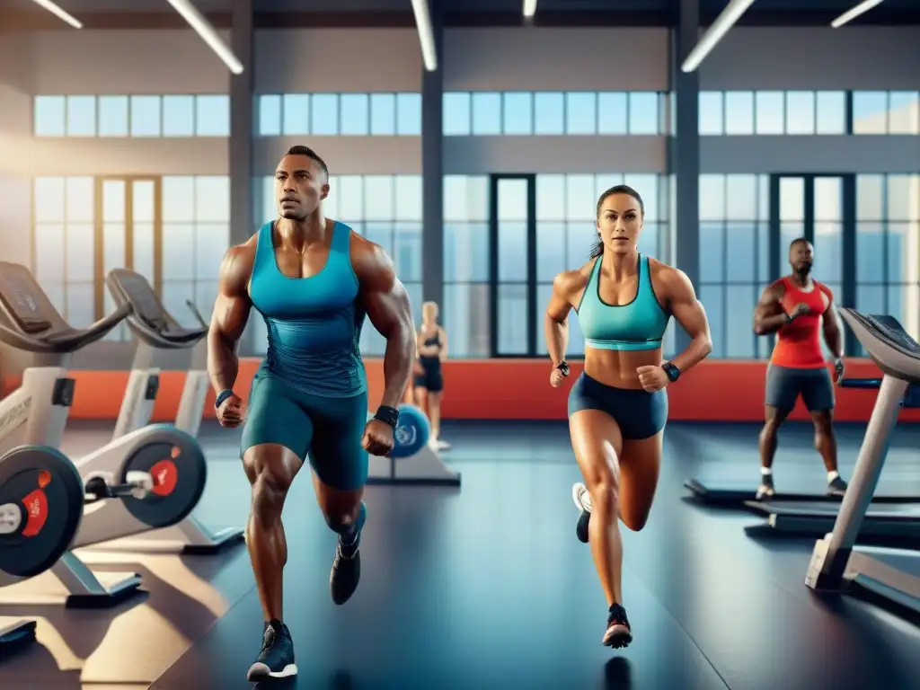 Un grupo diverso de atletas se entrena con determinación en un gimnasio de última generación