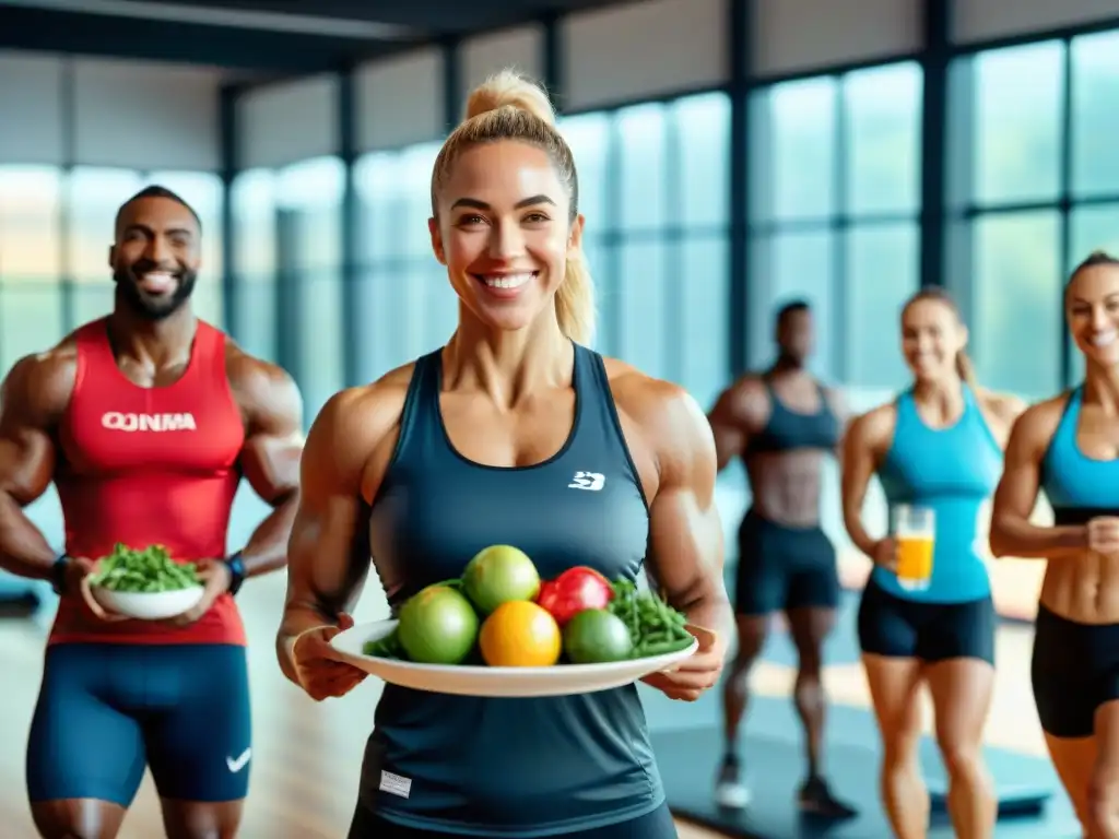 Un grupo diverso de atletas se saludan y sonríen en un gimnasio, mostrando los beneficios de una dieta sin gluten para atletas