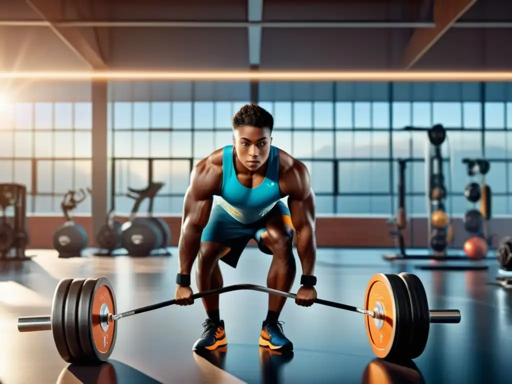 Un grupo diverso de atletas en un gimnasio moderno, sosteniendo suplementos clave deportistas sin gluten, con determinación y enfoque