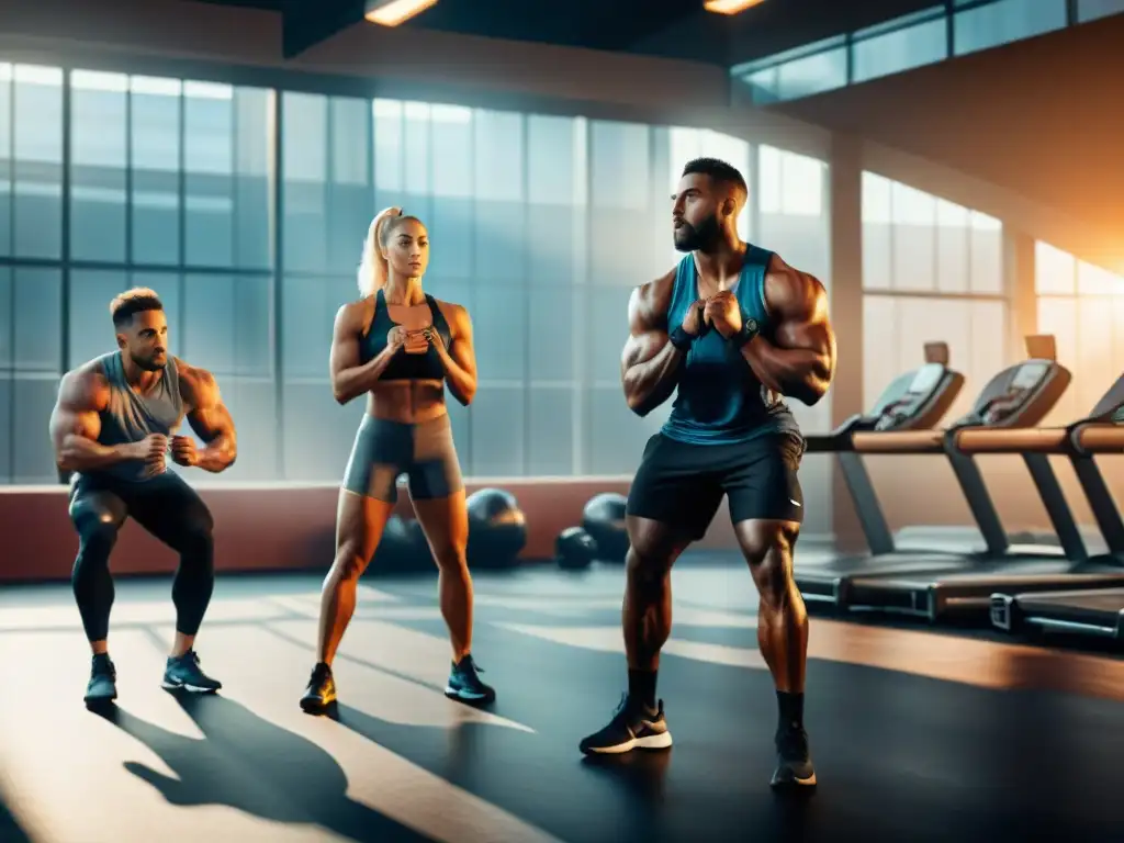 Un grupo diverso de atletas se entrena con determinación en un gimnasio moderno, con luz solar y citas motivacionales