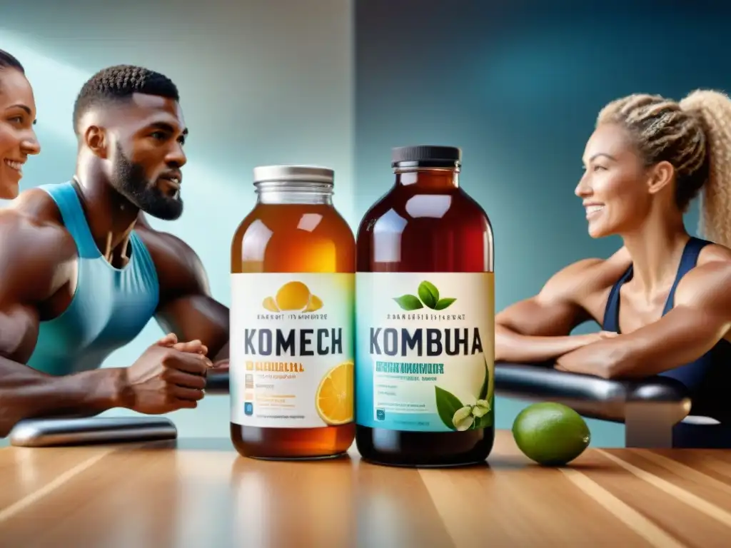 Un grupo diverso de atletas se reúne en el gimnasio para disfrutar de los beneficios del kombucha sin gluten en su entrenamiento