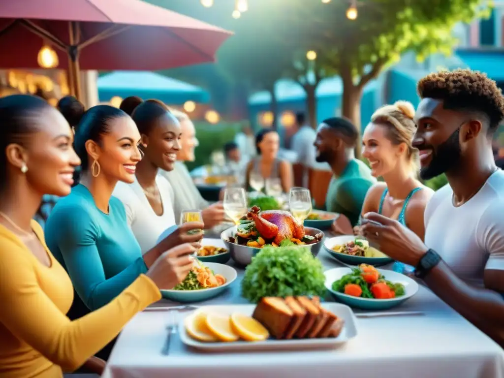 Un grupo diverso de atletas disfruta juntos de una comida sin gluten en un restaurante al aire libre, creando un ambiente de camaradería y aventura