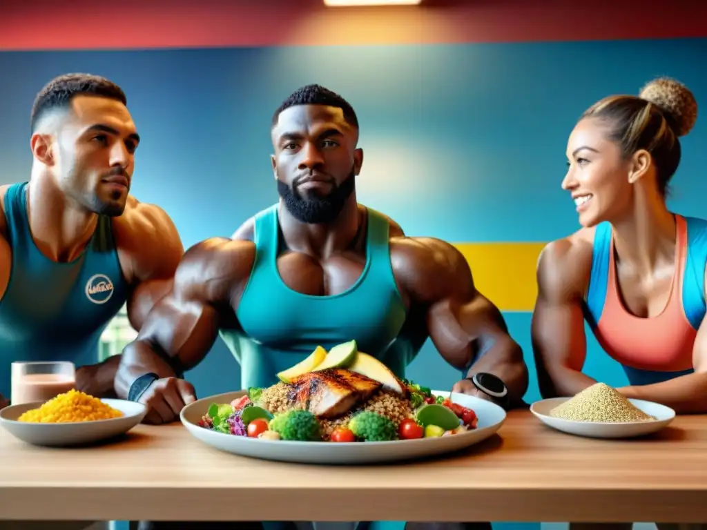 Un grupo diverso de atletas disfruta juntos de una comida sin gluten después del entrenamiento en un gimnasio vibrante