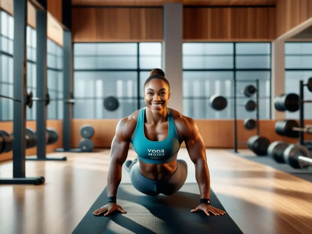 Un grupo diverso de atletas sonríe y posa juntos en un gimnasio moderno, mostrando su fuerza y flexibilidad