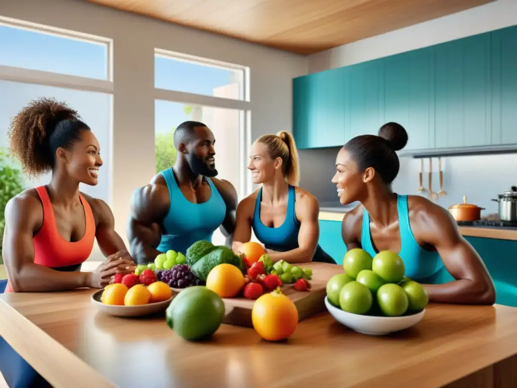 Un grupo diverso de atletas disfruta juntos de una comida saludable sin gluten en una cocina vibrante y soleada