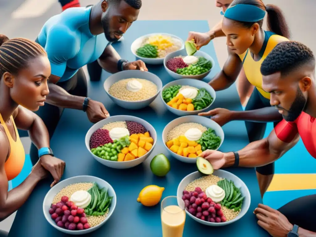 Atletas de élite se alimentan juntos antes de la competencia Un grupo diverso de atletas se alimenta juntos con dieta sin gluten para deportistas antes de competir