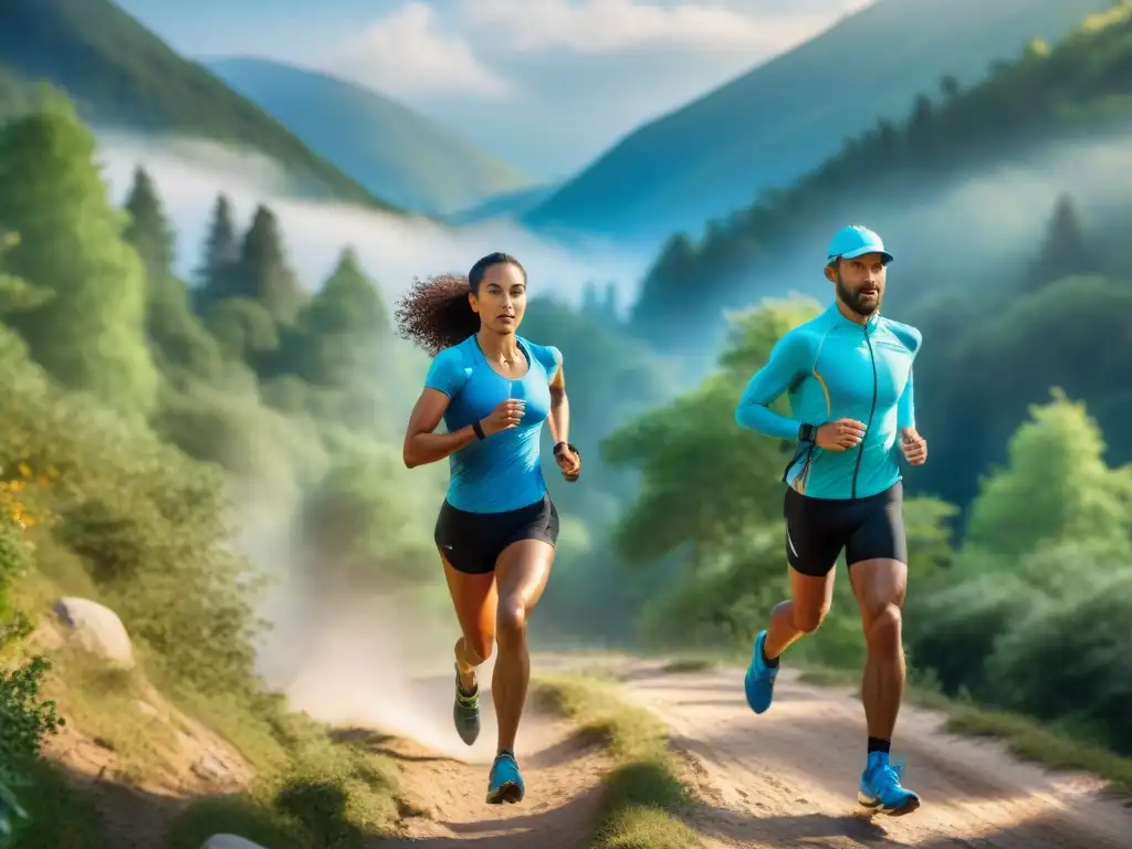 Un grupo diverso de atletas corre juntos en un sendero de montaña, inspirando preparación física para carreras sin gluten