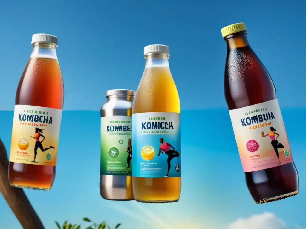 'Grupo diverso de atletas disfrutando kombucha sin gluten, resaltando salud y vitalidad en entorno natural vibrante