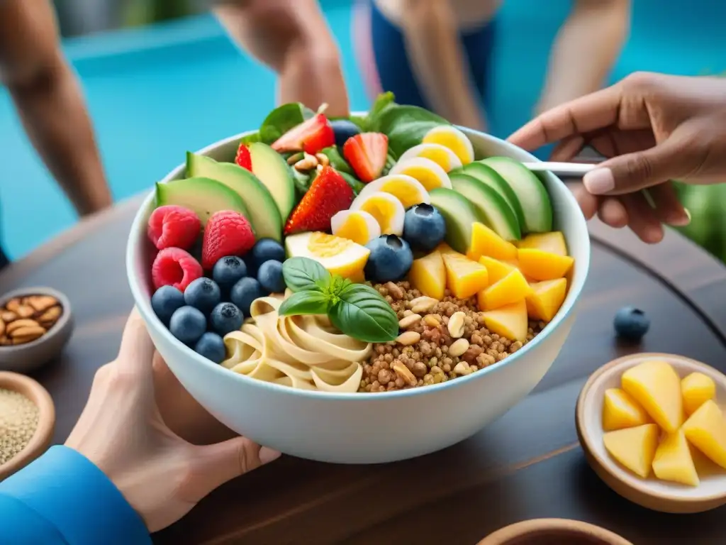 Un grupo diverso de atletas disfrutando de menús sin gluten para deportistas en un día soleado y lleno de vitalidad