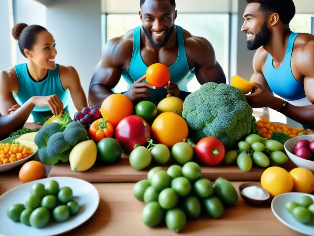 Un grupo diverso de atletas se reúne alrededor de una mesa llena de comidas saludables y sin gluten, mostrando determinación y camaradería