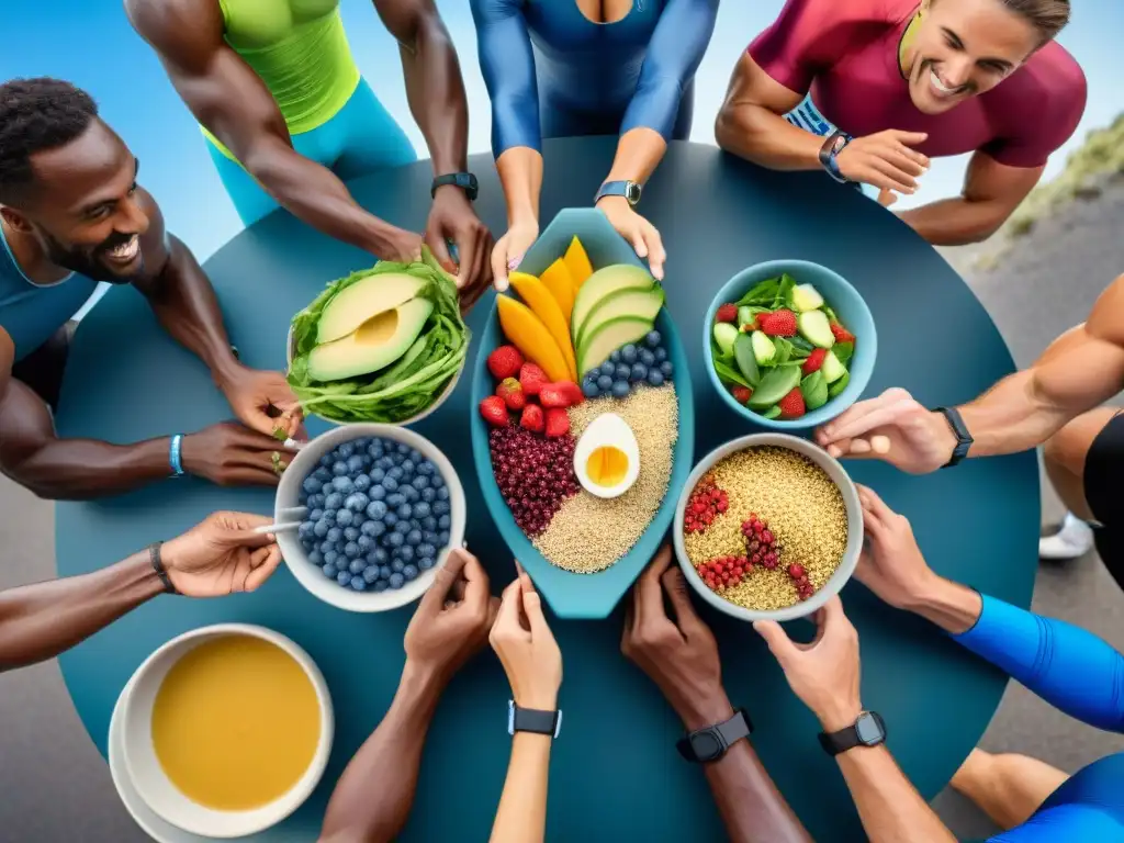 Grupo diverso de atletas discutiendo sobre nutrición glutenfree Un grupo diverso de atletas se reúne alrededor de una mesa con alimentos sin gluten, mostrando determinación y enfoque