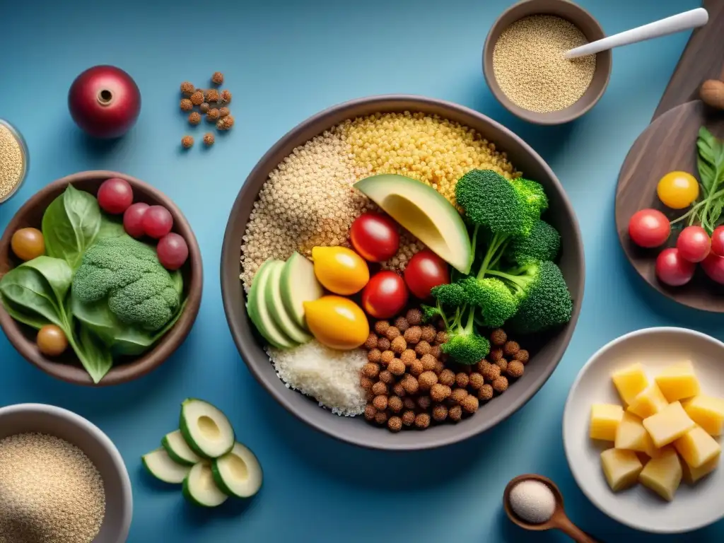 Un grupo diverso de atletas conversa animadamente alrededor de una mesa llena de alimentos sin gluten en una cocina vibrante