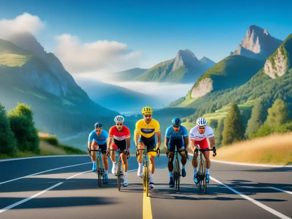 Un grupo diverso de atletas celebra en la meta de una carrera, en un paisaje montañoso soleado