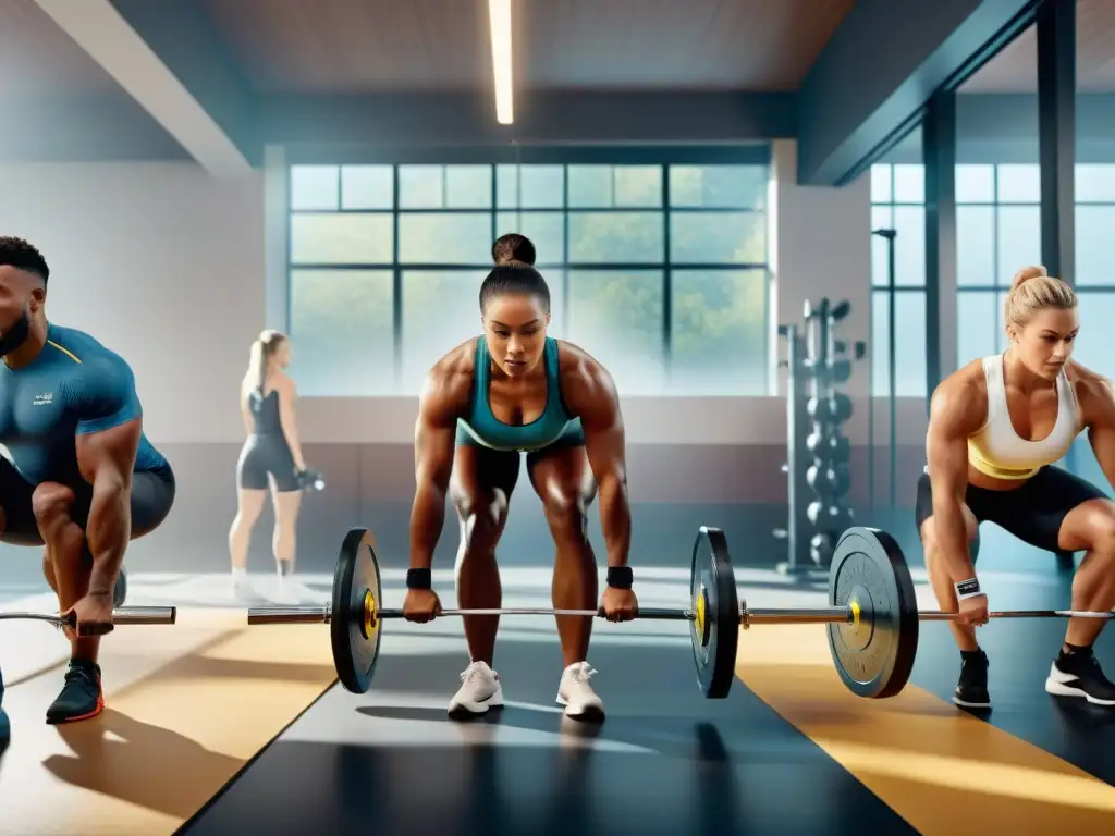 Un grupo diverso de atletas consumiendo proteínas sin gluten juntos en un gimnasio moderno y elegante