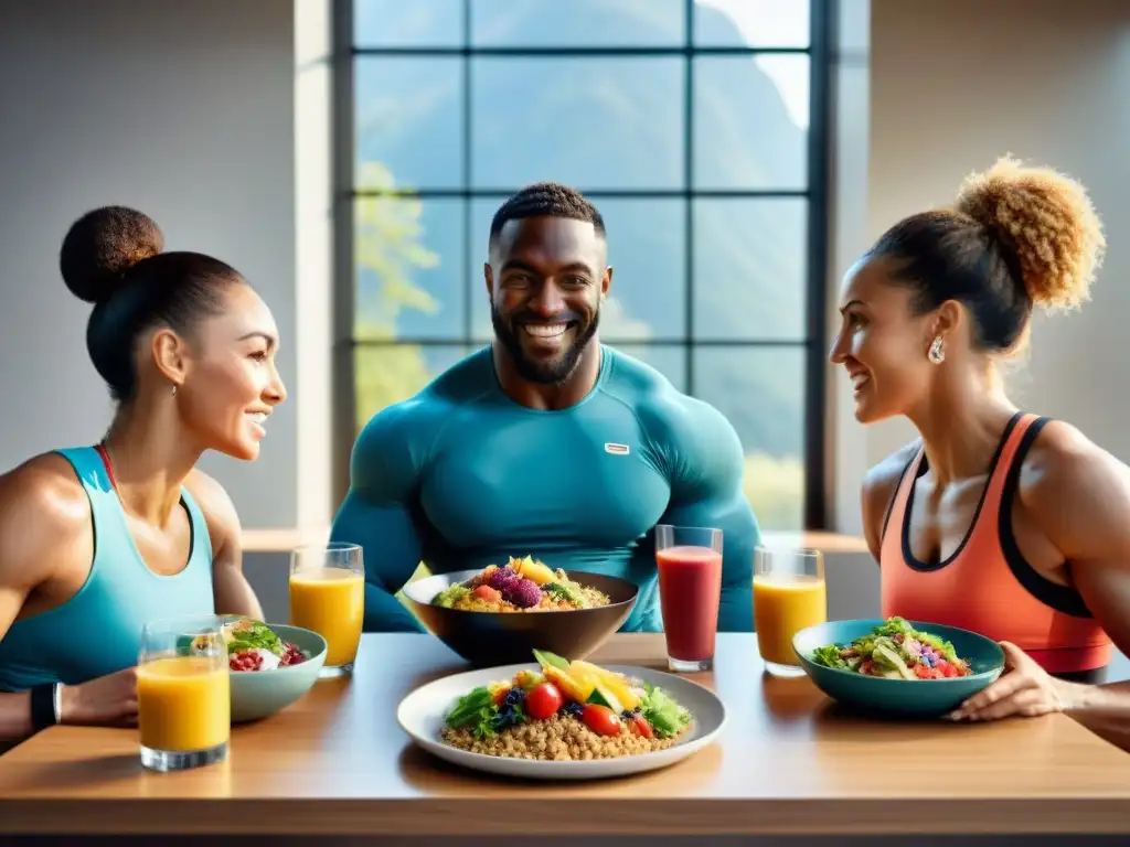 Un grupo diverso de atletas disfrutando de recetas sin gluten para deportistas después de entrenar juntos, compartiendo alegría y satisfacción