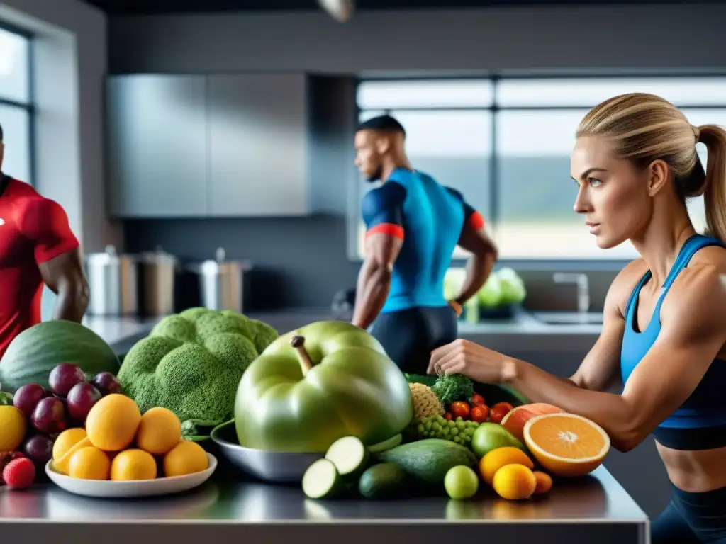 Un grupo diverso de atletas se prepara con recetas sin gluten para deportistas en una bulliciosa cocina llena de alimentos saludables y coloridos