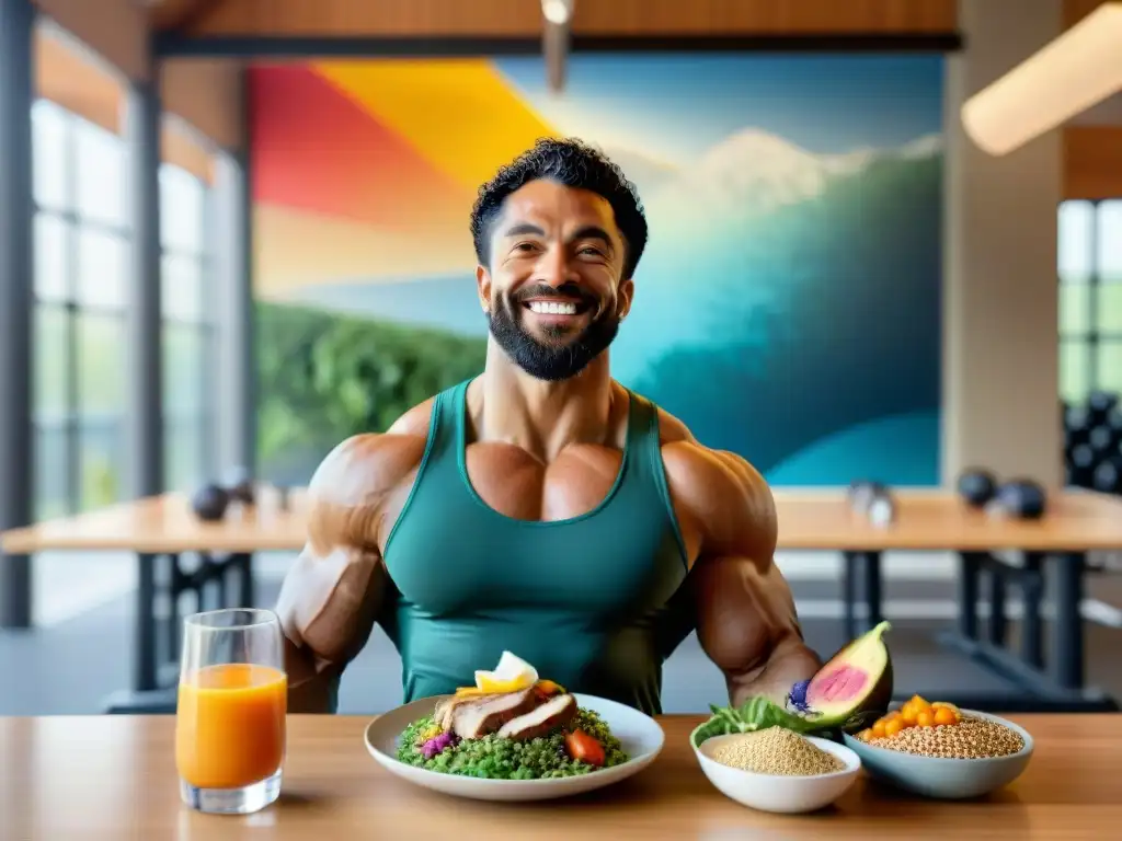 Un grupo diverso de atletas disfruta de recetas sin gluten para deportistas en un gimnasio vibrante