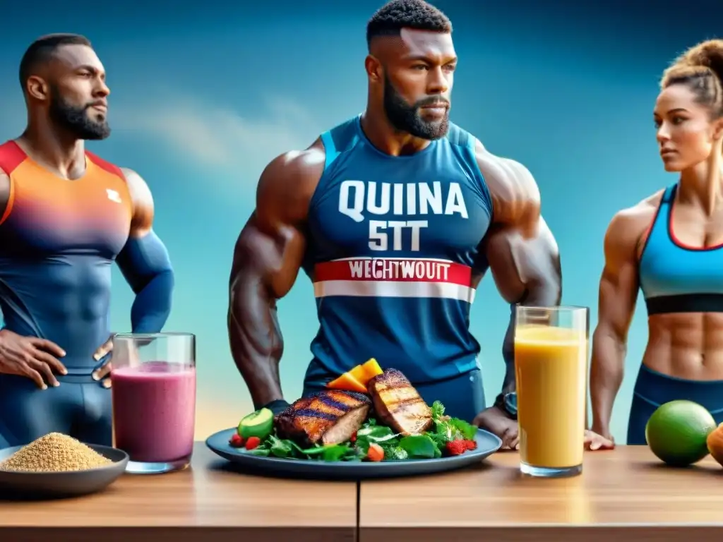 Un grupo diverso de atletas disfruta de recetas sin gluten para deportistas en un vibrante gimnasio