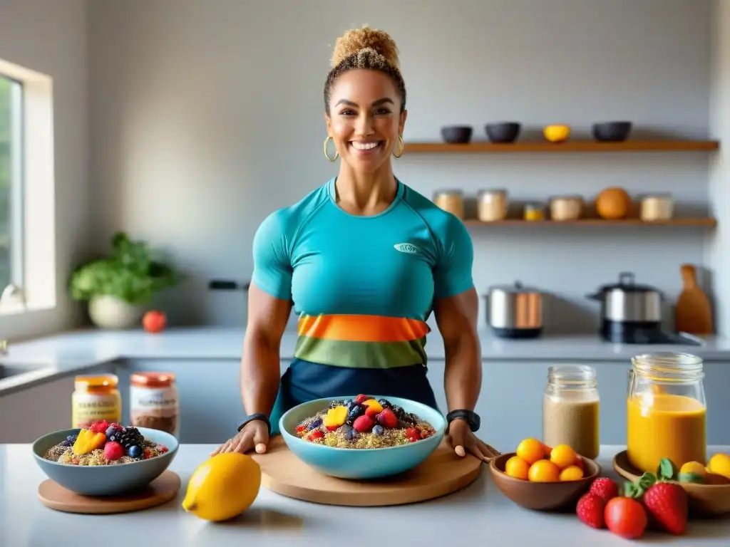 Un grupo diverso de atletas disfruta de snacks post entrenamiento sin gluten en una cocina vibrante y soleada