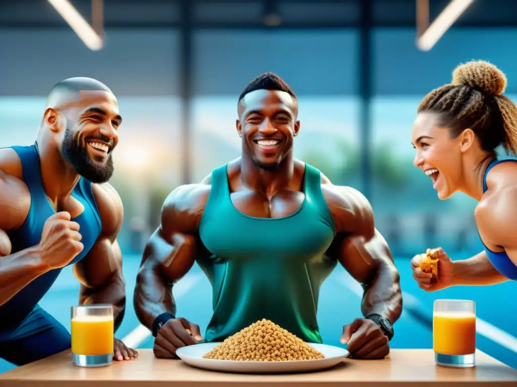 Un grupo diverso de atletas sonrientes y saludables se apoyan mutuamente en un gimnasio, rodeados de alimentos sin gluten