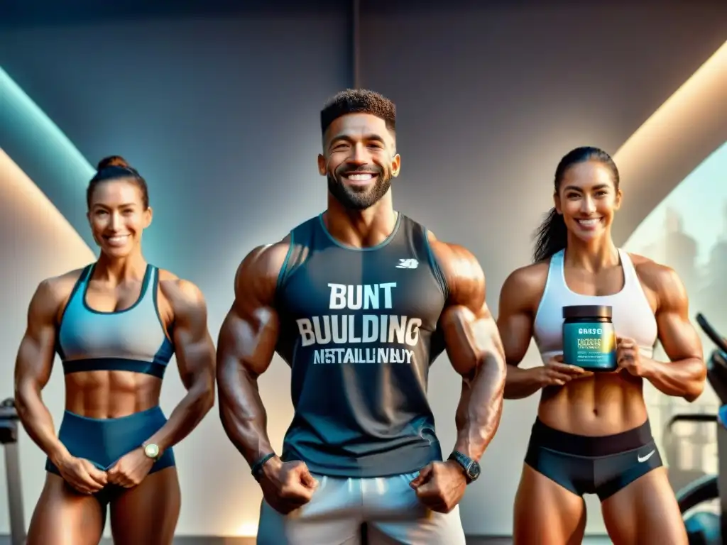 Un grupo diverso de atletas sonrientes y musculosos en un gimnasio moderno, promocionando suplementos para ganar masa muscular sin gluten