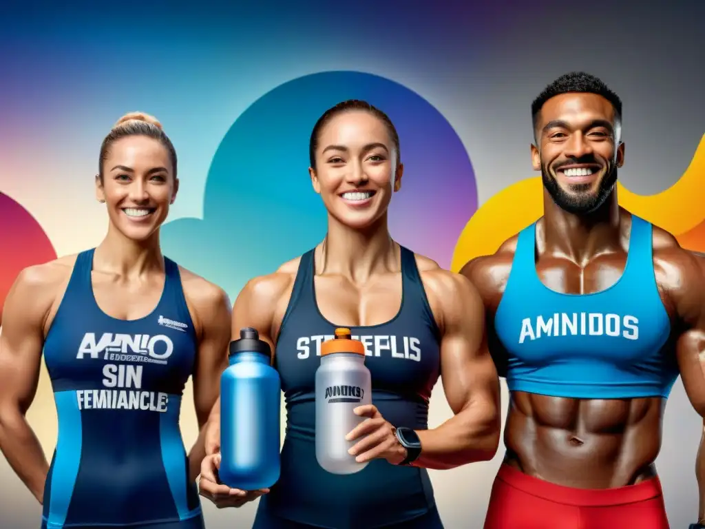 Un grupo diverso de atletas sonrientes y motivados se felicitan en un gimnasio moderno, con botellas de 'Aminoácidos esenciales sin gluten'