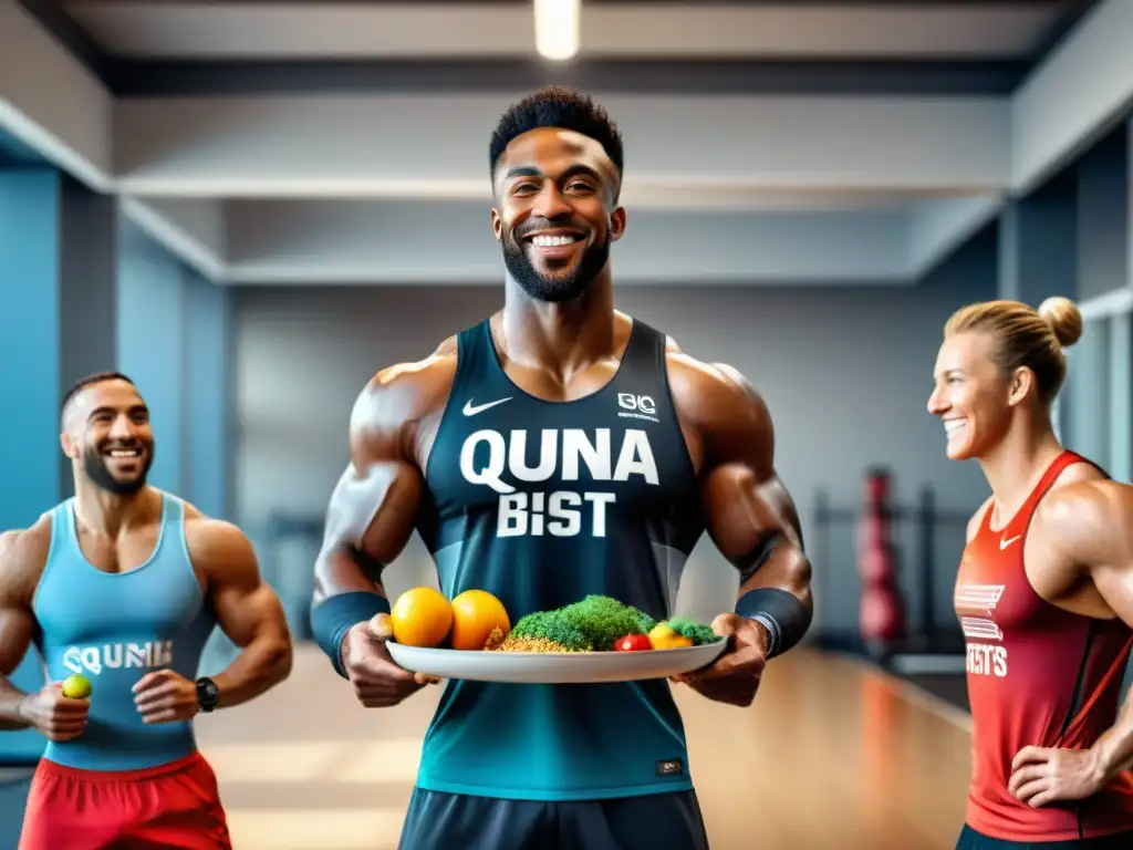 Un grupo diverso de atletas sonrientes en un gimnasio, celebrando y sosteniendo platos de comida saludable sin gluten