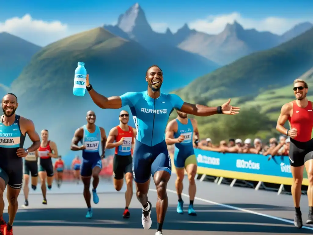 Un grupo diverso de atletas sonrientes se felicitan en la meta de una carrera, con una vista vibrante de montañas y cielo azul de fondo