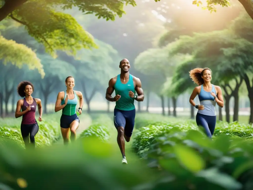 Un grupo diverso de atletas sonrientes practican running, natación, ciclismo y yoga en un parque verde bajo el sol