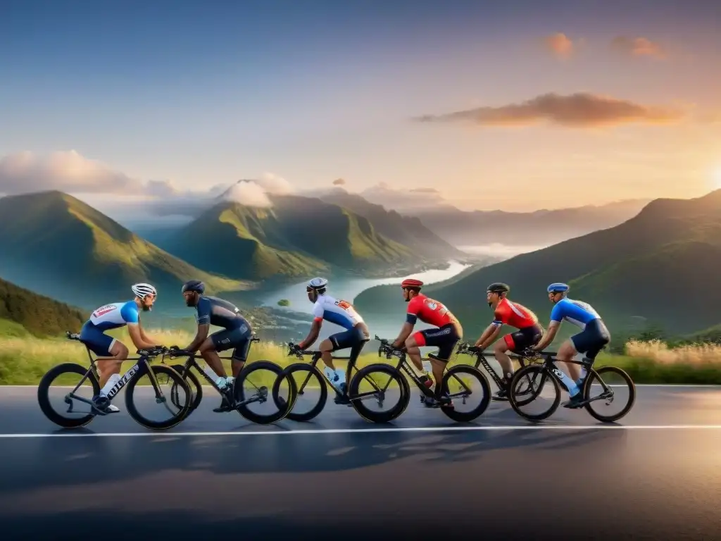 Un grupo diverso de atletas sonrientes se felicitan en la meta de una carrera, con un hermoso amanecer sobre montañas al fondo