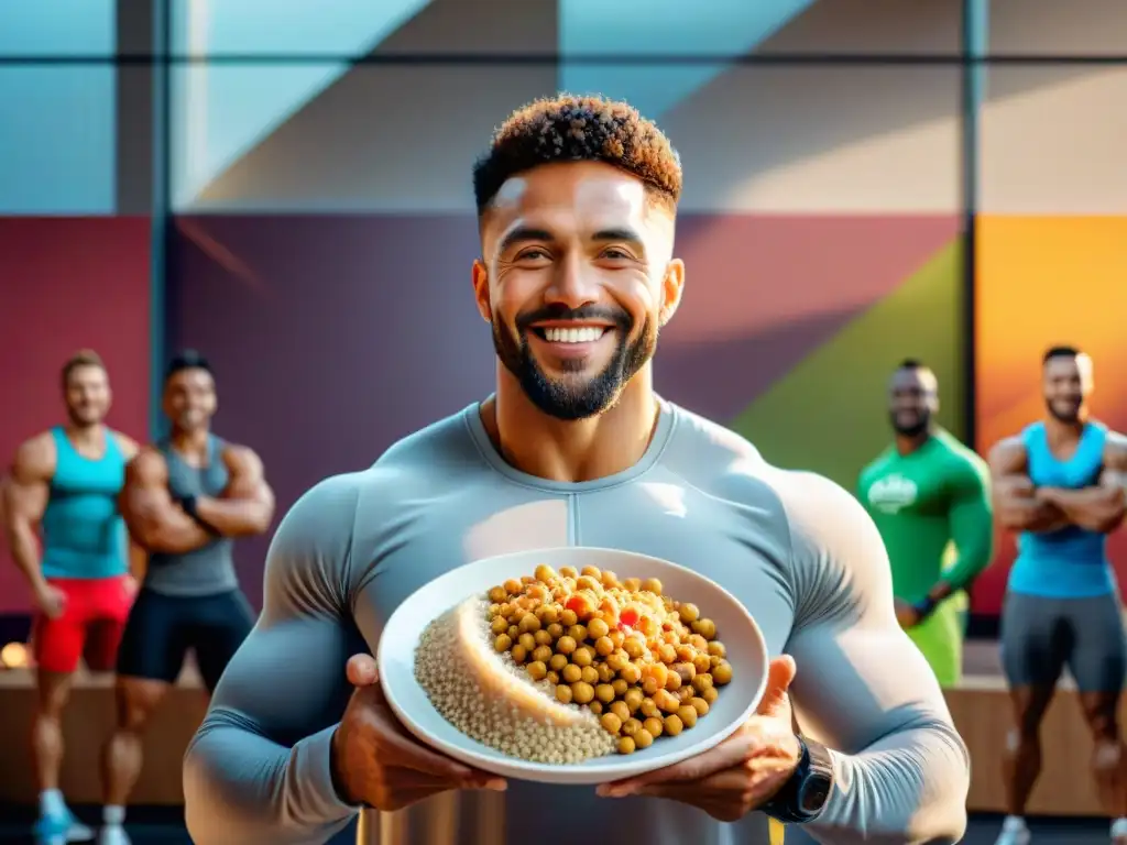 Un grupo diverso de atletas sonrientes en un gimnasio moderno, sosteniendo platos con proteínas sin gluten para masa muscular